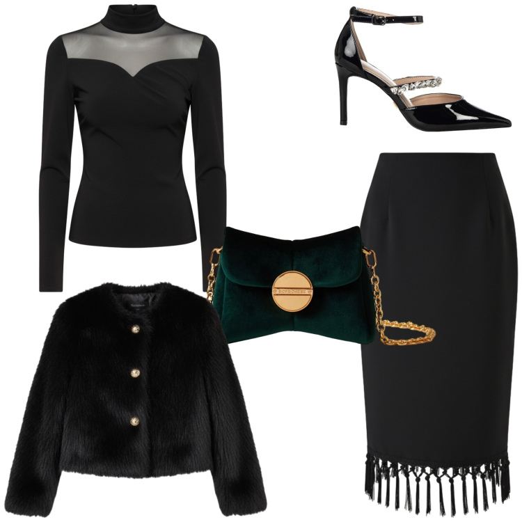 Outfit donna - Glamour con gli amici. Stile Glamour per Serata fuori. Abbinamento con gonne longuette, bluse, décolleté, ecopellicce, borse a tracolla.