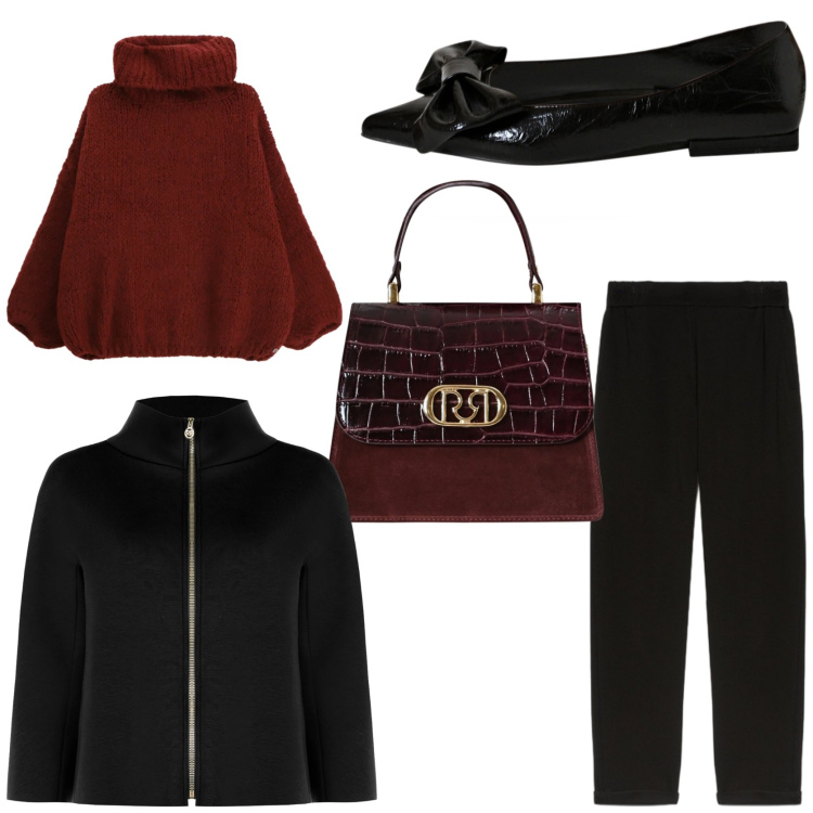 Outfit donna - Il calore del Natale in famiglia. Stile Chic per Serata fuori. Abbinamento con maglieria, cappe, borse a mano, ballerine, pantaloni.