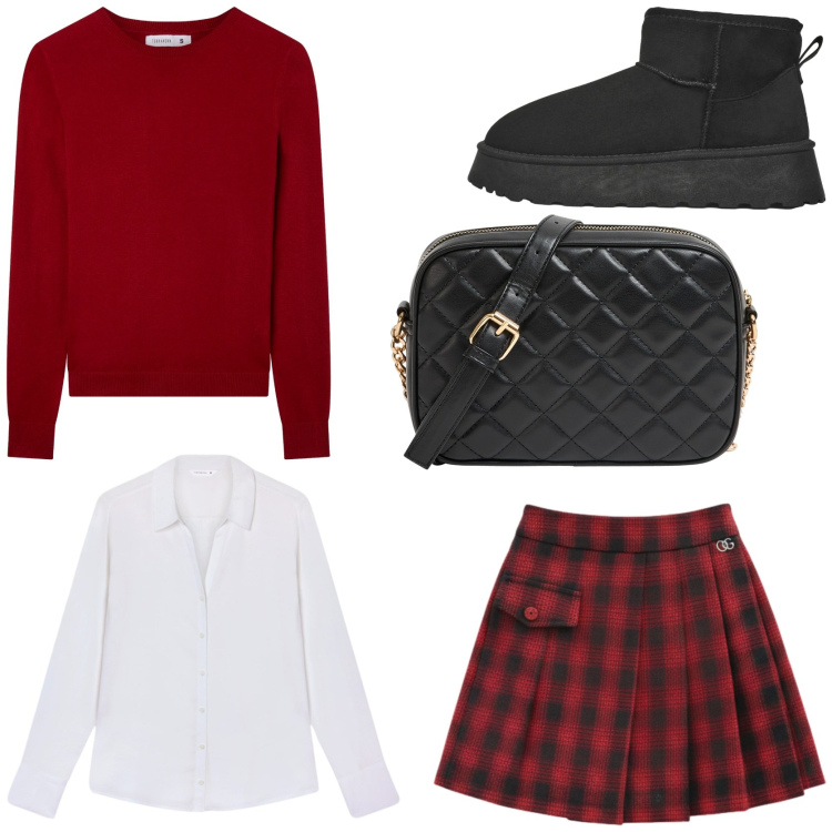 Outfit donna - Cena in famiglia. Stile Preppy per Serata fuori. Abbinamento con borse a tracolla, camicie, maglieria, stivaletti, minigonne.