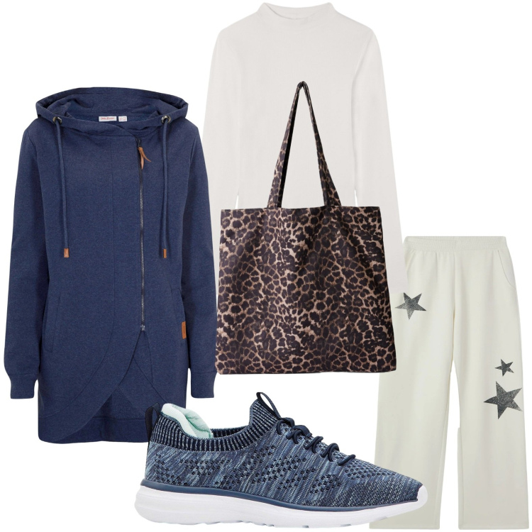 Outfit donna - Passeggiata pomeridiana. Stile Minimal per Tutti i giorni. Abbinamento con sneakers, blazer, pantaloni, shopping bag, t-shirt.