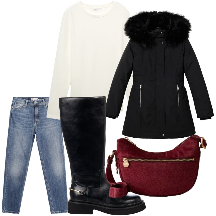Outfit donna - Shopping con le amiche. Stile Minimal per Tutti i giorni. Abbinamento con jeans skinny, stivali sopra il ginocchio, parka, t-shirt, borse a tracolla.