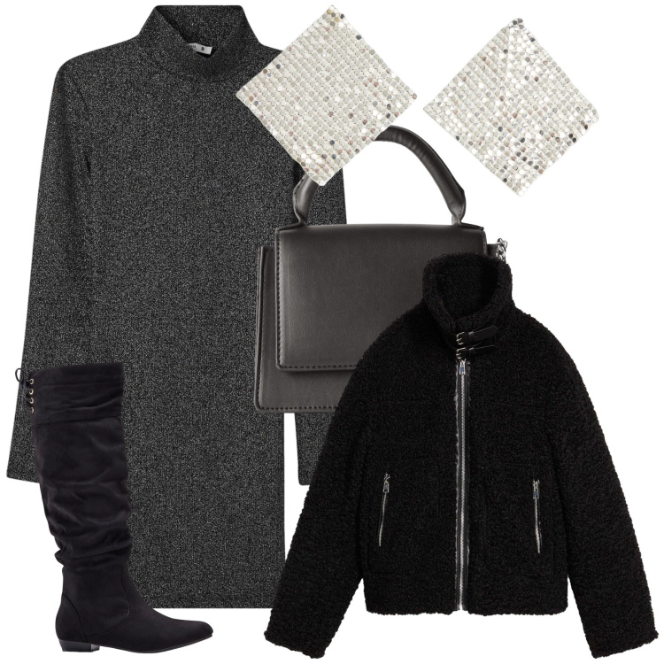 Outfit donna - Festa a sorpresa. Stile Urban per Serata fuori. Abbinamento con stivali, ecopellicce, orecchini, vestiti corti, borse a tracolla.