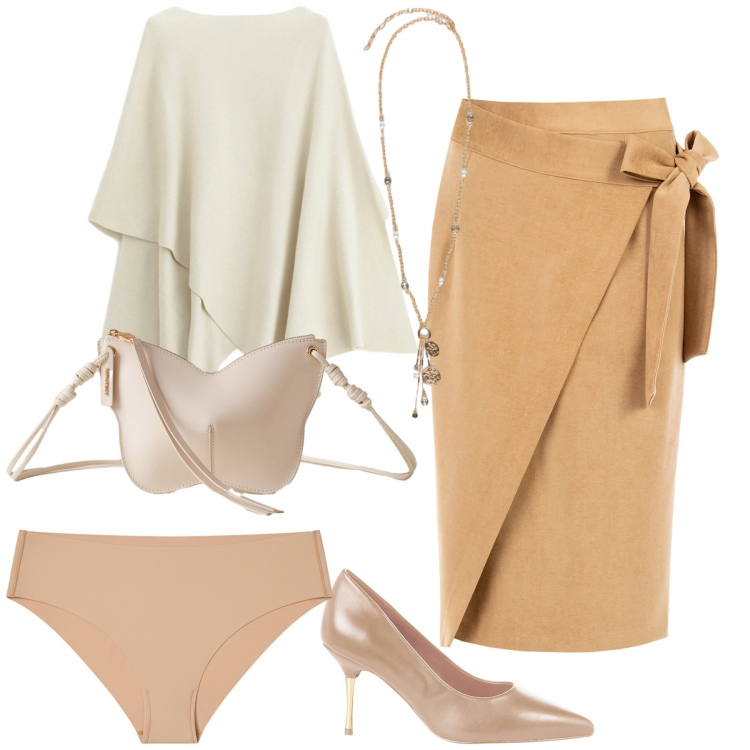 Outfit donna - Un insieme davvero glam. Stile Glamour per Ufficio. Abbinamento con maglieria, gonne longuette, décolleté, culotte, borse a tracolla, ciondoli.