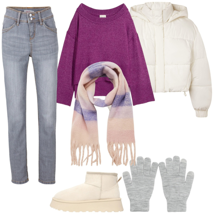 Outfit donna - Un tocco di viola. Stile Trendy per Tutti i giorni. Abbinamento con maglieria, jeans slim fit, bomber, sciarpe, guanti, stivaletti.
