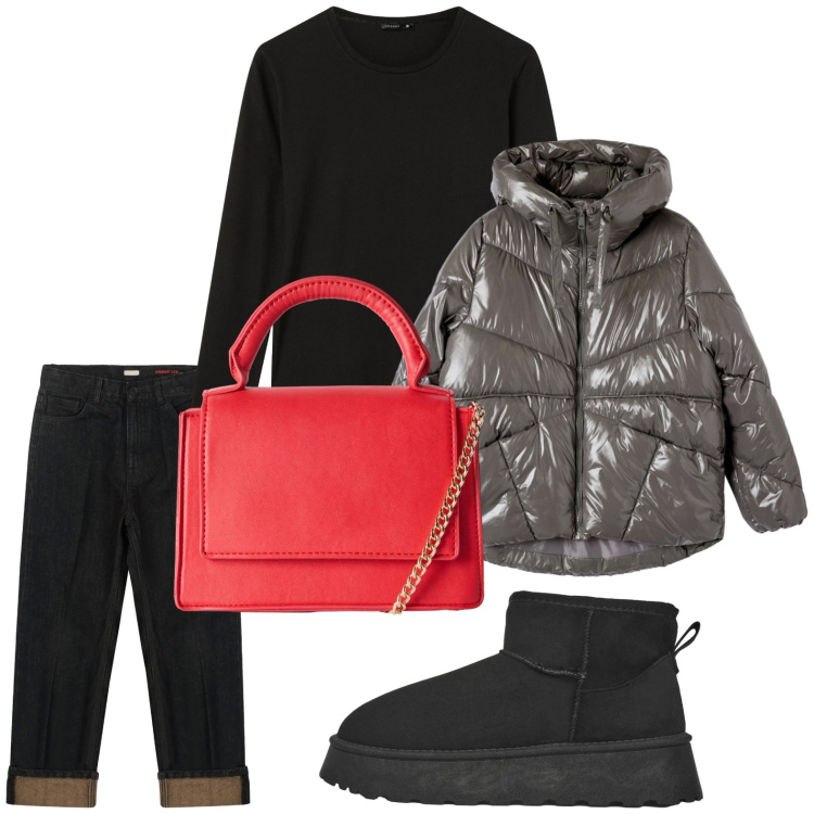 Outfit donna - L\'accessorio luminoso. Stile Basic per Ufficio. Abbinamento con stivaletti, bomber, t-shirt, borse a tracolla, jeans dritti.
