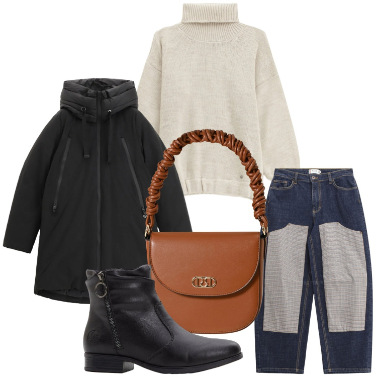 Outfit donna - I jeans particolari. Stile Casual per Tutti i giorni. Abbinamento con stivaletti, parka, maglieria, jeans, borse a mano.