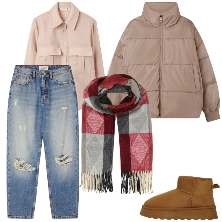 Outfit donna - Sabbia e bordeaux. Stile Trendy per Tutti i giorni. Abbinamento con sciarpe, jeans mom, bomber, camicie, stivali.