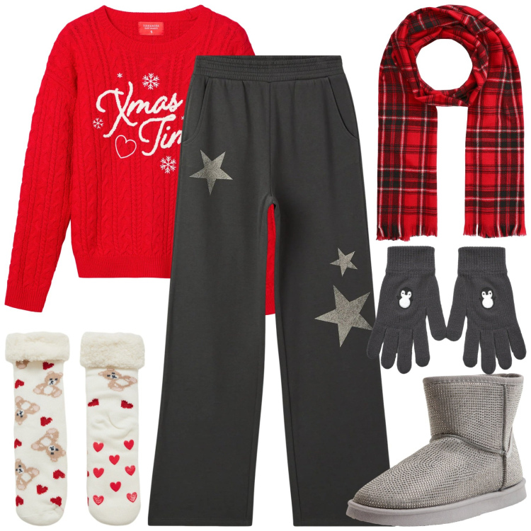 Outfit donna - Terranova Xmas Edition 2025. Stile Casual chic per Tutti i giorni. Abbinamento con pantaloni, maglieria, sciarpe, stivali, calzini, guanti.