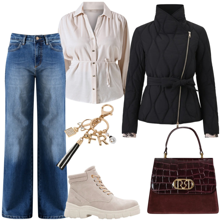 Outfit donna - Ricercatezza. Stile Casual chic per Tutti i giorni. look ideale per Petite. Abbinamento con stivaletti, borse a mano, jeans, camicie, piumini, portachiavi.