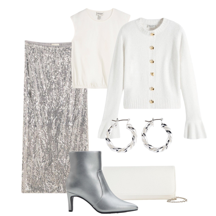 Outfit donna - Brilliant party time. Stile Trendy per Serata fuori. Abbinamento con maglieria, orecchini, pochette, stivaletti, cardigans, gonne longuette.