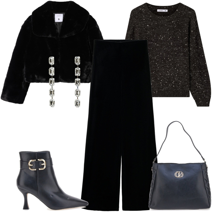 Outfit donna - Terranova - Xmas Edition 2025. Stile Glamour per Serata fuori. Abbinamento con maglieria, pantaloni, ecopellicce, orecchini, stivaletti, borse a spalla.