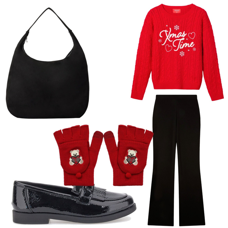 Outfit donna - Terranova- Xmas casual. Stile Basic per Tutti i giorni. Abbinamento con borse a mano, pantaloni, maglieria, guanti, mocassini.