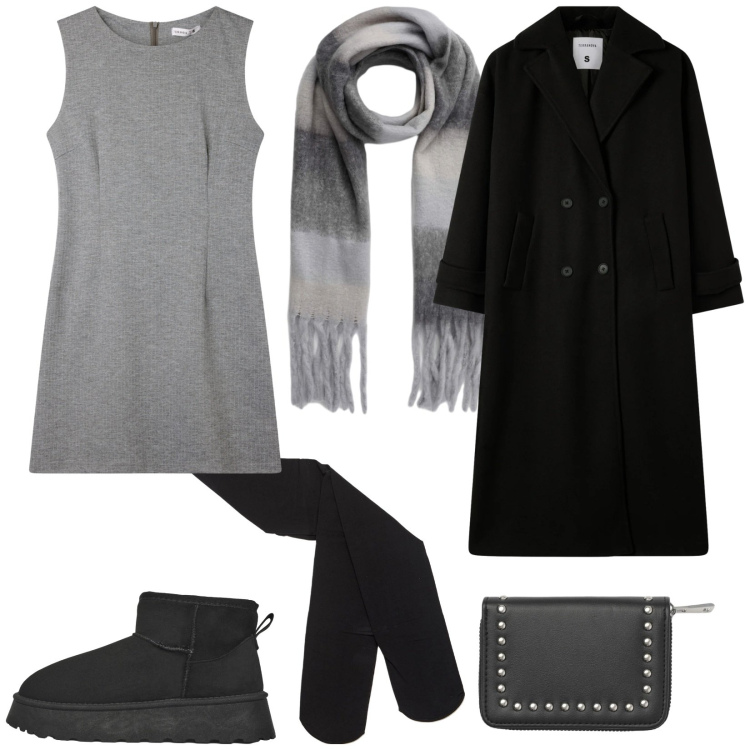 Outfit donna - Grigio e Black Friday. Stile Trendy per Tutti i giorni. Abbinamento con vestiti senza maniche, cappotti, portafogli, stivaletti, collant, sciarpe.
