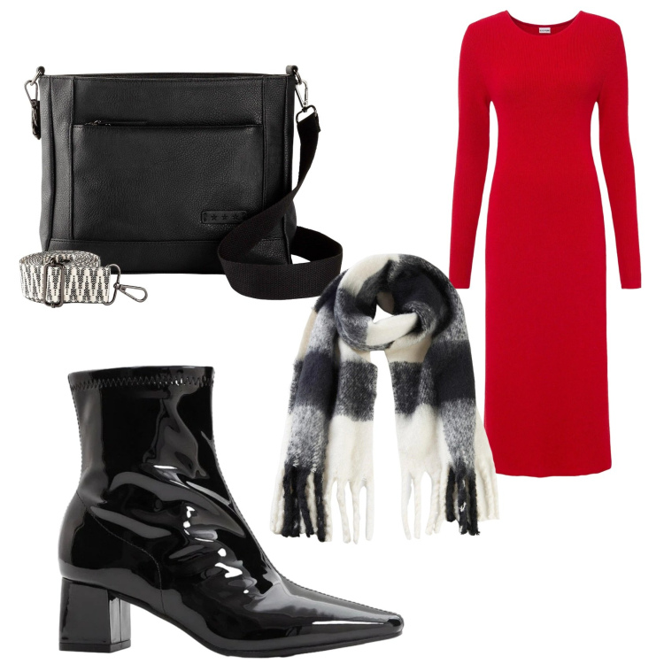 Outfit donna - L\'abito che sa di Natale. Stile Chic per Tutti i giorni. Abbinamento con vestiti, stivaletti, borse a tracolla, sciarpe.