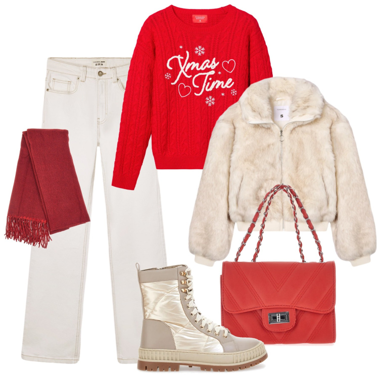 Outfit donna - Festività tra amici. Stile Casual per Tutti i giorni. Abbinamento con maglieria, jeans bootcut, ecopellicce, stivaletti, borse a tracolla, sciarpe.