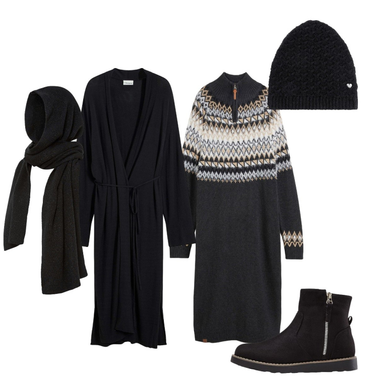 Outfit donna - Total black!. Stile Casual chic per Tutti i giorni. Abbinamento con stivaletti, sciarpe, cappotti, berretti, vestiti.