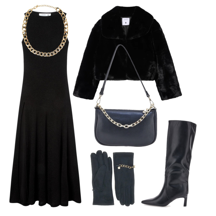 Outfit donna - Xmas night party. Stile Chic per Serata fuori. Abbinamento con vestiti lunghi, ecopellicce, collane, stivali, borse a tracolla, guanti.