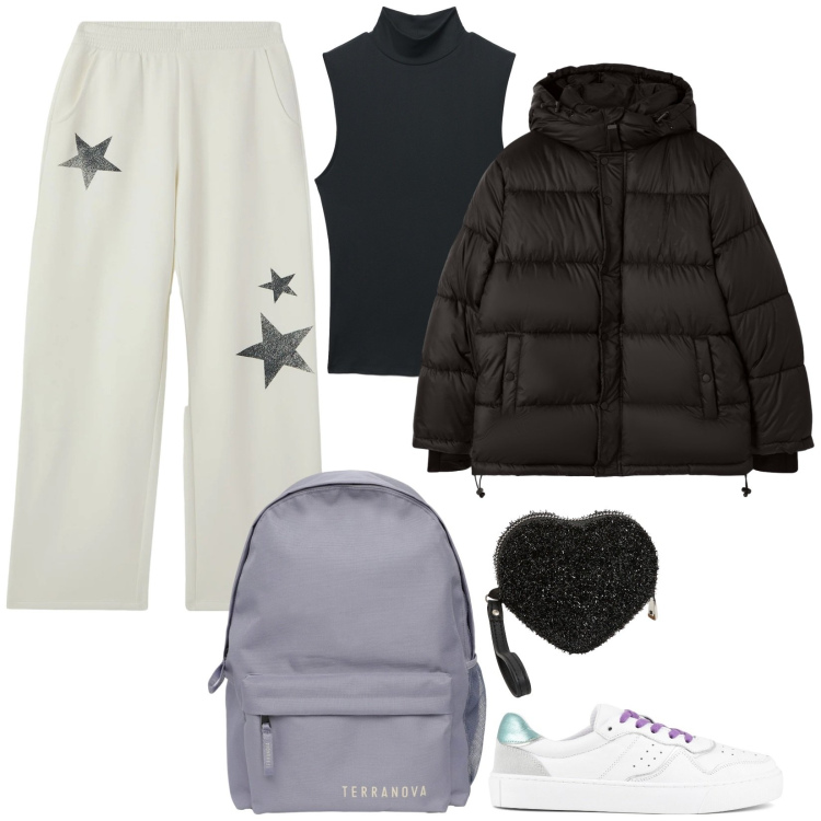 Outfit donna - Stelline grigie. Stile Sporty chic per Tutti i giorni. Abbinamento con bomber, pantaloni, portafogli, zaini, top, sneakers.