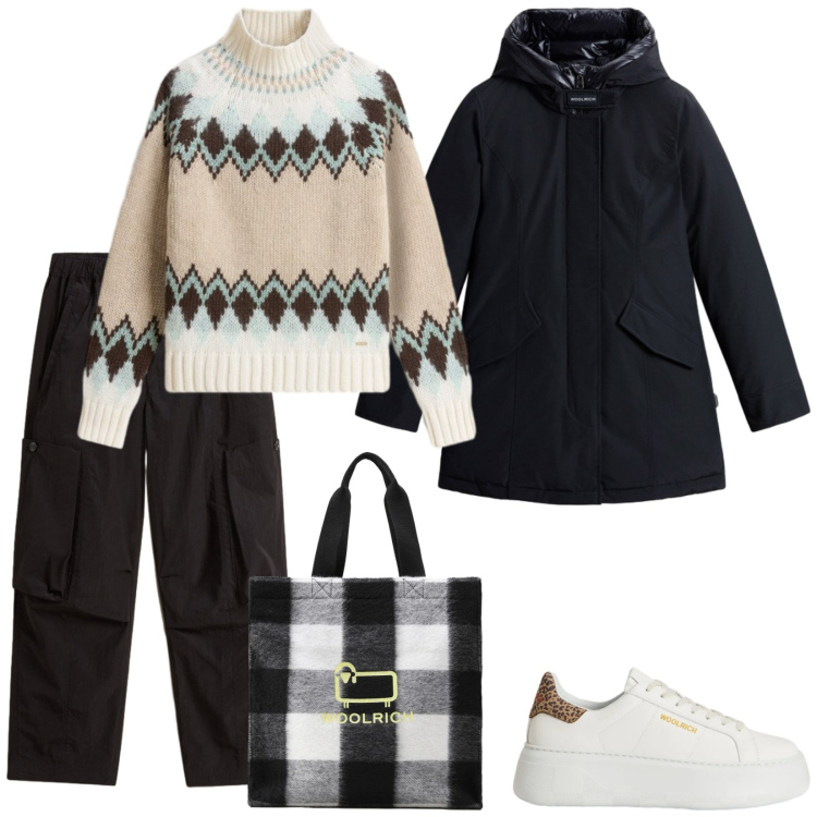 Outfit donna - Contro il freddo. Stile Basic per Tutti i giorni. Abbinamento con maglieria, parka, sneakers, borse tote, pantaloni cargo.