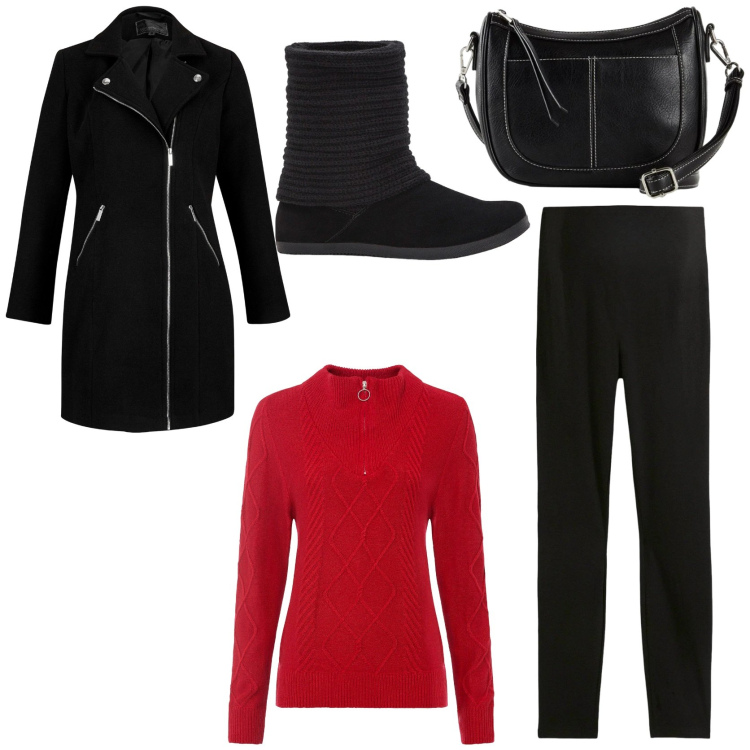 Outfit donna - Look natalizio comodo e caldo. Stile Casual chic per Tutti i giorni. Abbinamento con stivali, leggings, maglieria, cappotti, borse a tracolla.