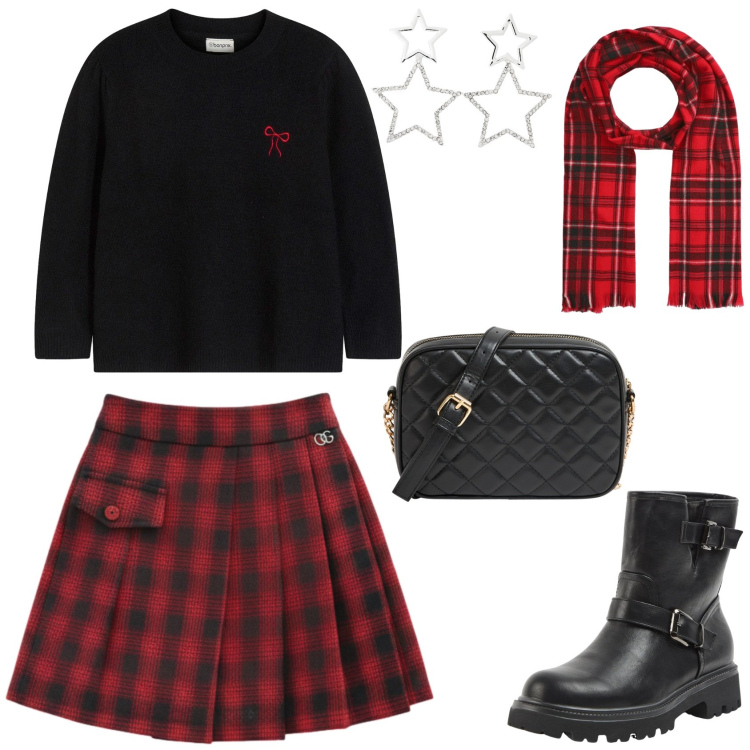 Outfit donna - Tartan low cost. Stile Casual chic per Tutti i giorni. Abbinamento con maglieria, borse a tracolla, stivaletti, orecchini, sciarpe, minigonne.