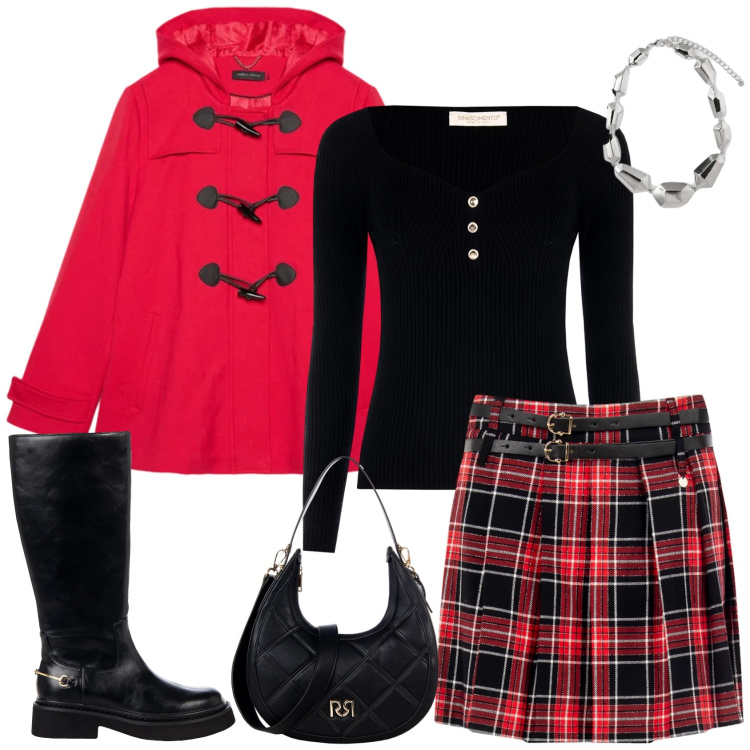 Outfit donna - Cappotto rosso e tartan. Stile Casual chic per Tutti i giorni. Abbinamento con minigonne, borse a tracolla, pullovers, stivali sopra il ginocchio, blazer, ciondoli.