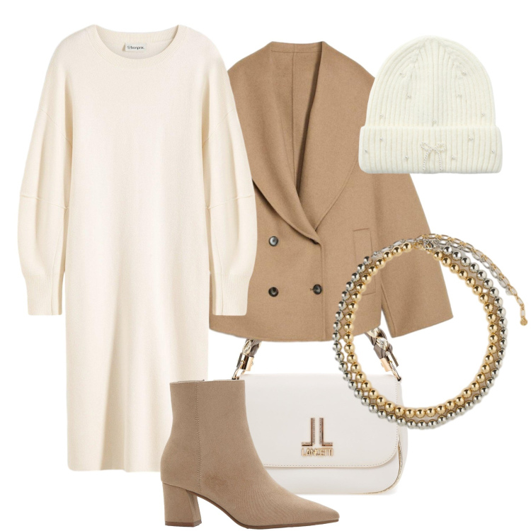 Outfit donna - Pranzo festivo tra colleghi. Stile Trendy per Ufficio. Abbinamento con vestiti, blazer, stivaletti, berretti, collane, borse a tracolla.