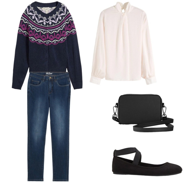 Outfit donna - Winter. Stile Casual per Tutti i giorni. Abbinamento con jeans dritti, ballerine, cardigans, borse a tracolla, bluse.