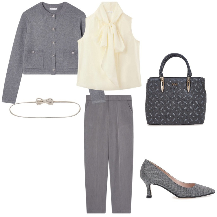 Outfit donna - Eleganza in grigio. Stile Casual chic per Ufficio. Abbinamento con pantaloni chino, cinture, cardigans, bluse, décolleté, borse a mano.
