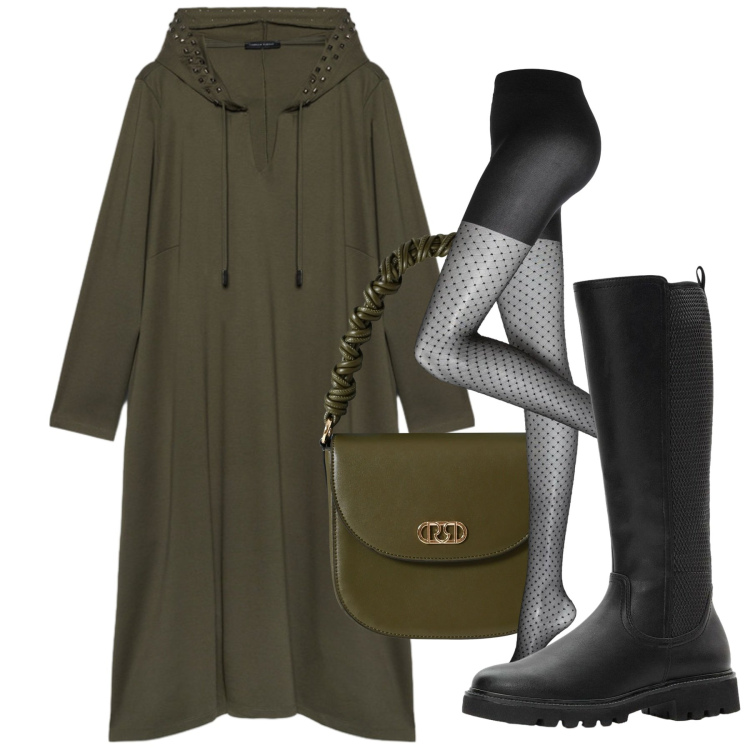 Outfit donna - Giornata in città - Focus Donna Curvy It. Stile Basic per Tutti i giorni. Abbinamento con stivali, collant, borse a mano, vestiti lunghi.