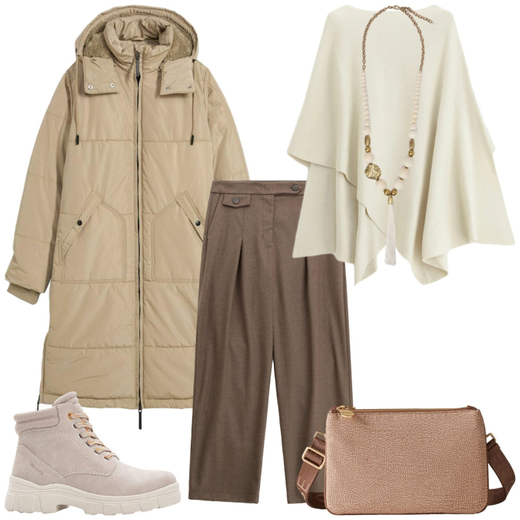 Outfit donna - Autunno in pastello. Stile Casual per Tutti i giorni. Abbinamento con stivaletti, piumini, maglieria, pantaloni, borse a tracolla, ciondoli.
