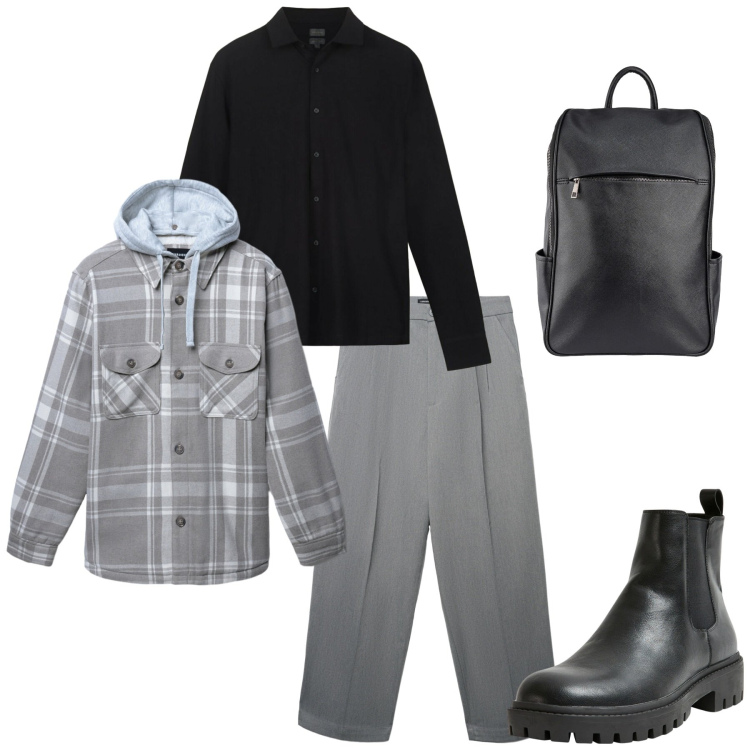 Outfit uomo - In grigio e nero verso il weekend. Stile Casual per Tutti i giorni. Abbinamento con stivali e stivaletti, cappotti, pantaloni, borse sportive, polo.