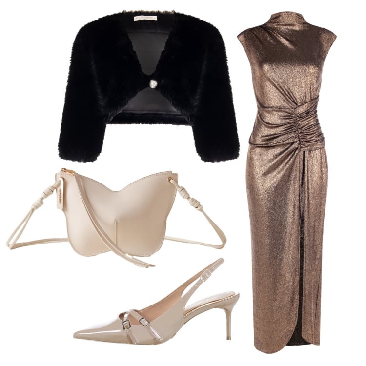 Outfit donna - Serata glam. Stile Glamour per Serata fuori. Abbinamento con vestiti lunghi, décolleté, bolero, borse a tracolla.