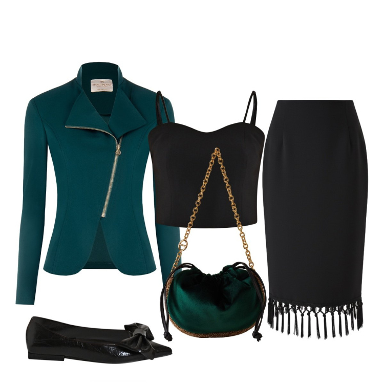 Outfit donna - Al ristorante con amici. Stile Chic per Serata fuori. Abbinamento con blazer, top, gonne longuette, ballerine, borse a spalla.