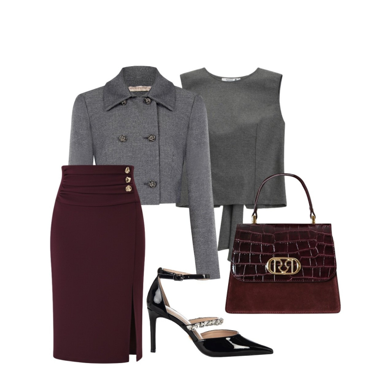 Outfit donna - Serata informale: bordeaux e grigio. Stile Chic per Serata fuori. Abbinamento con top, gonne longuette, blazer, décolleté, borse a mano.