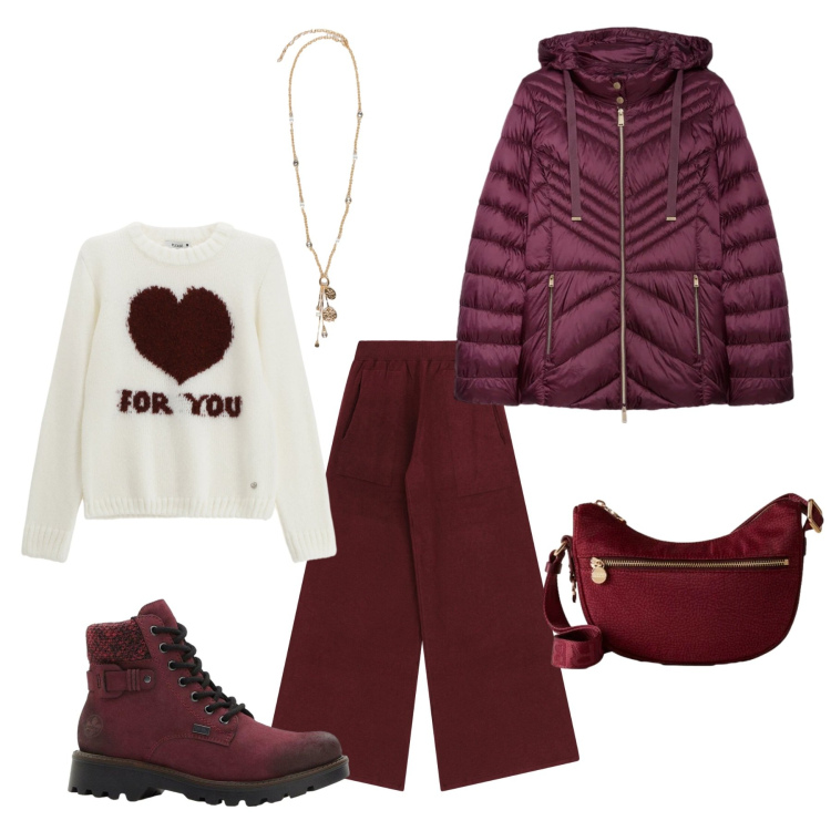 Outfit donna - Bourgogne mon amour. Stile Casual per Tutti i giorni. Abbinamento con stivaletti, pantaloni a palazzo, pullovers, borse a tracolla, piumini, ciondoli.