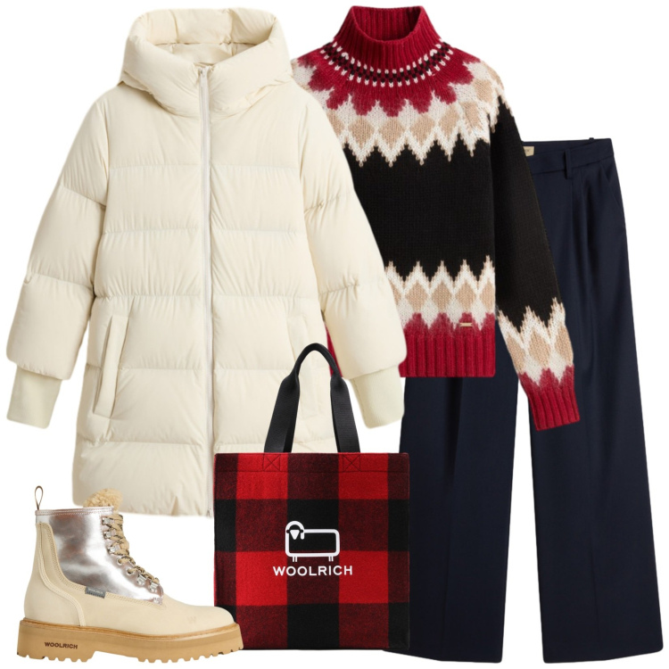 Outfit donna - Al calduccio trendy. Stile Trendy per Tutti i giorni. Abbinamento con piumini, anfibi, maglieria, pantaloni, borse tote.