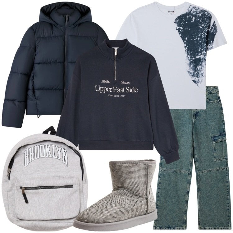 Outfit donna - Terranova - Black Friday 2025. Stile Casual per Scuola/Università. Abbinamento con jeans, stivali, borse sportive, felpe, t-shirt, bomber.