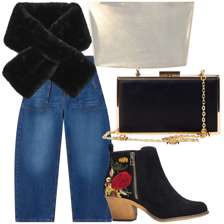 Outfit donna - Un top oro e l aperitivo prende il via. Stile Sporty chic per Serata fuori. Abbinamento con stivaletti, pochette, top, sciarpe, jeans.