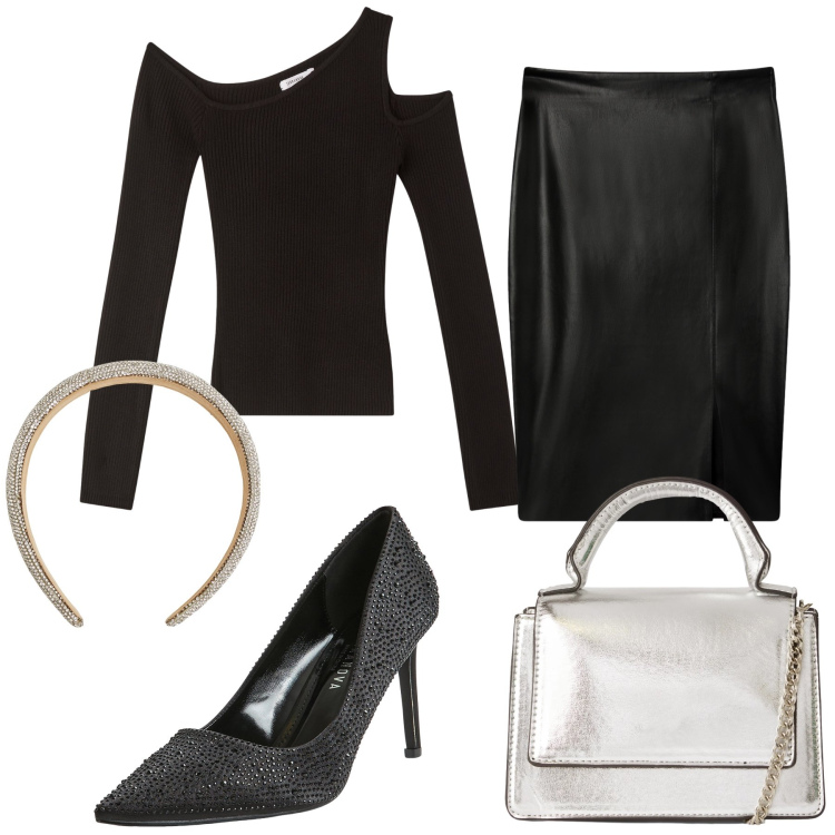 Outfit donna - Quando a brillare sono gli accessori. Stile Glamour per Serata fuori. Abbinamento con décolleté, borse a tracolla, gonne longuette, maglieria, cerchietti.