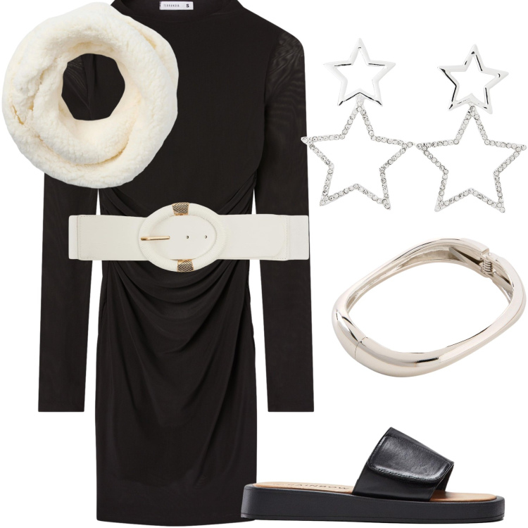 Outfit donna - Natale a casa sotto una buona stella. Stile Trendy per Tutti i giorni. Abbinamento con ciabatte, braccialetti, cinture, orecchini, sciarpe, vestiti corti.