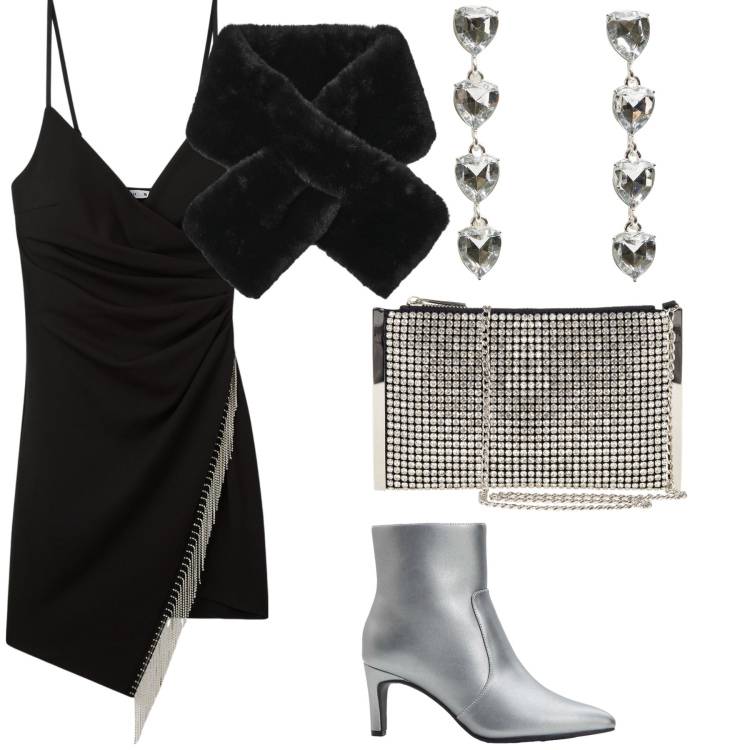 Outfit donna - Christmas party. Stile Sexy per Serata fuori. Abbinamento con stivaletti, pochette, sciarpe, orecchini, vestiti corti.