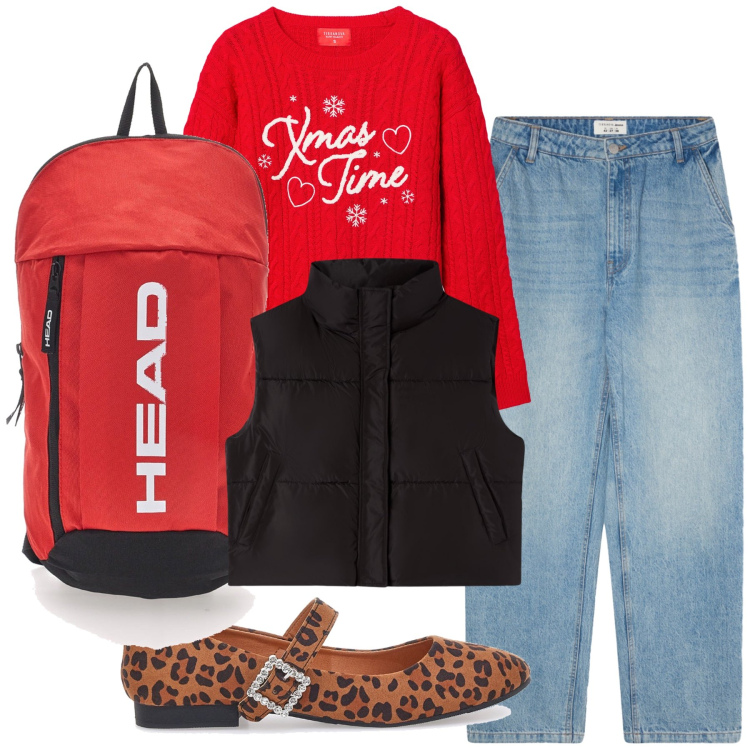 Outfit donna - Partendo per Natale. Stile Casual chic per Tutti i giorni. Abbinamento con jeans, maglieria, piumini, zaini, ballerine.