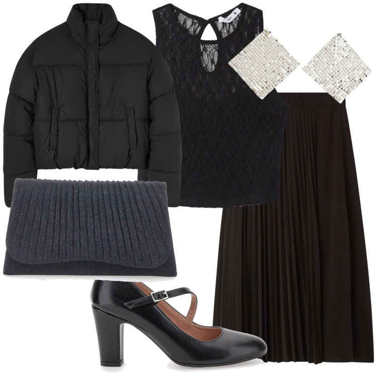 Outfit donna - Terranova black and sparkling party. Stile Chic per Serata fuori. Abbinamento con top, orecchini, gonne lunghe, bomber, décolleté, clutch.
