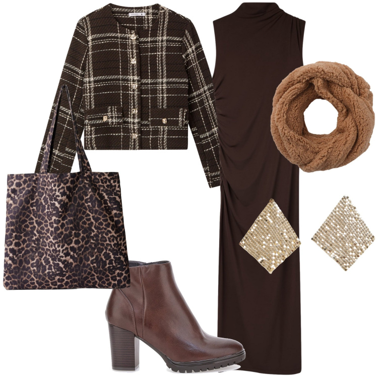 Outfit donna - Auguri in ufficio. Stile Urban per Ufficio. Abbinamento con vestiti lunghi, orecchini, shopping bag, blazer, sciarpe, stivaletti.