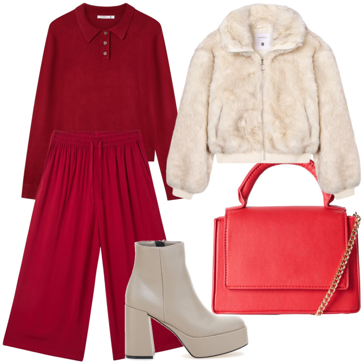Outfit donna - Red Christmas. Stile Trendy per Tutti i giorni. Abbinamento con pantaloni a palazzo, borse a tracolla, polo, ecopellicce, stivaletti.