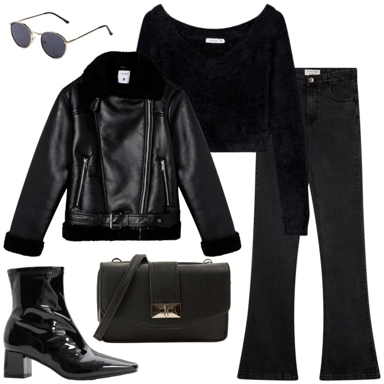 Outfit donna - Total Black. Stile Rock per Tutti i giorni. Abbinamento con stivaletti, occhiali da sole, jeans a zampa, giacche, maglieria, borse a tracolla.