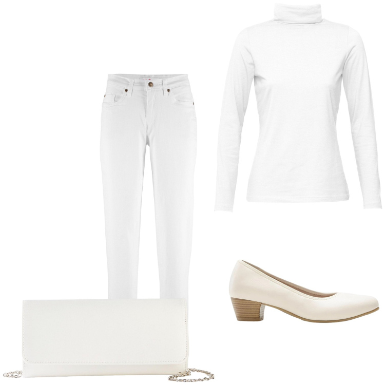 Outfit donna - White Christmas. Stile Basic per Tutti i giorni. Abbinamento con maglieria, jeans mom, décolleté, pochette.