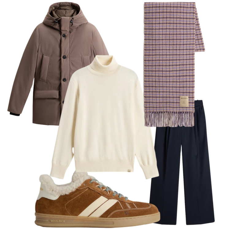Outfit donna - Comodamente. Stile Casual chic per Tutti i giorni. Abbinamento con sneakers, sciarpe, pantaloni, parka, maglieria.