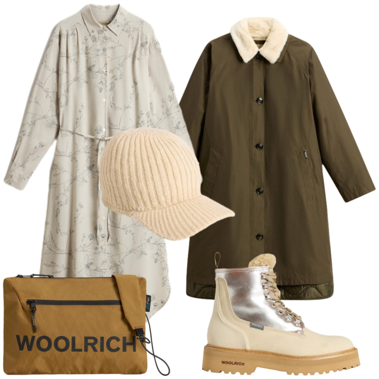 Outfit donna - A cena in Woolrich. Stile Glamour per Serata fuori. Abbinamento con anfibi, cappotti, borse a tracolla, vestiti lunghi, cappelli.